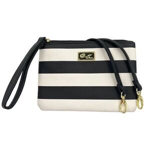 Betsey Johnson Signature Black & White Striped Luv Betsey Crossbody Wristlet